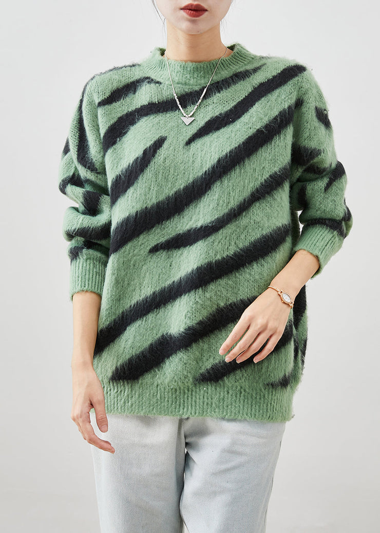 Grass Green Thick Knitted Tops Oversized Zebra Pattern Print Fall