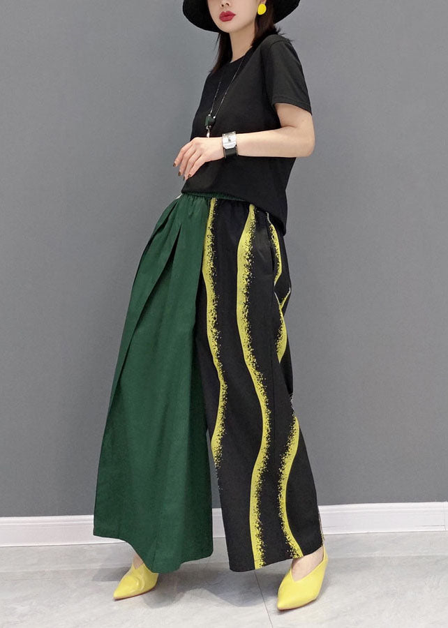 Green Asymmetrical Design Cotton Pants Skirt Elastic Waist Spring