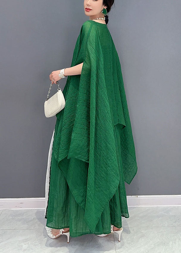 Green Asymmetrical Design Cotton Two Pieces Set Oversized Batwing Sleeve