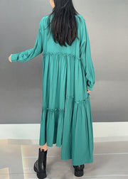 Green Button Cotton Fall Long Dresses Asymmetrical