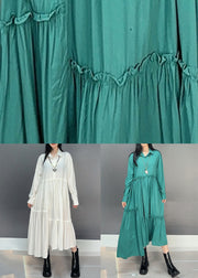 Green Button Cotton Fall Long Dresses Asymmetrical