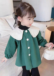 Green Button Cotton Girls Coats Peter Pan Collar Long Sleeve