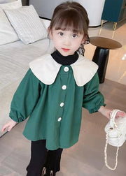 Green Button Cotton Girls Coats Peter Pan Collar Long Sleeve