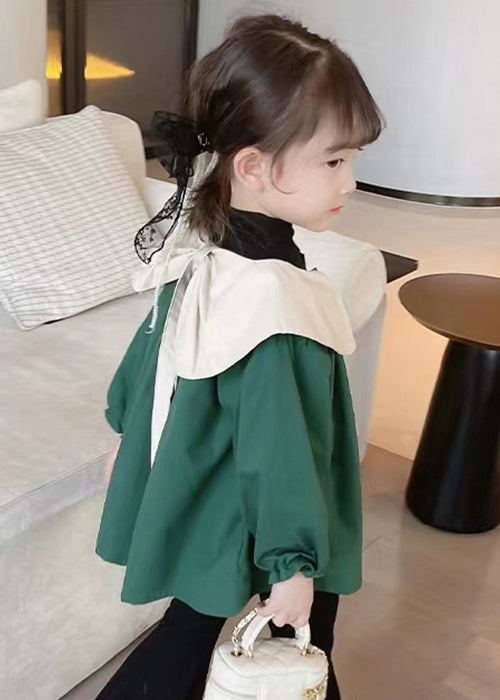 Green Button Cotton Girls Coats Peter Pan Collar Long Sleeve