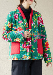 Green Button Patchwork Warm Fleece Parka V Neck Long Sleeve