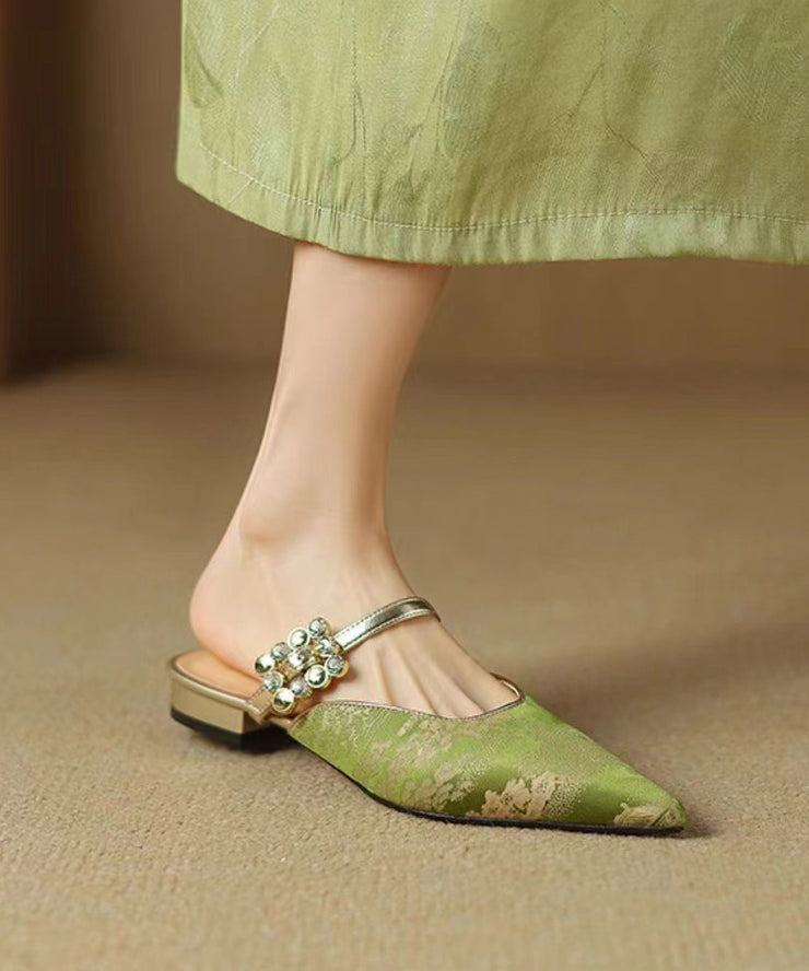 Green Chinese Style Splicing Zircon Slide Sandals Pointed Toe