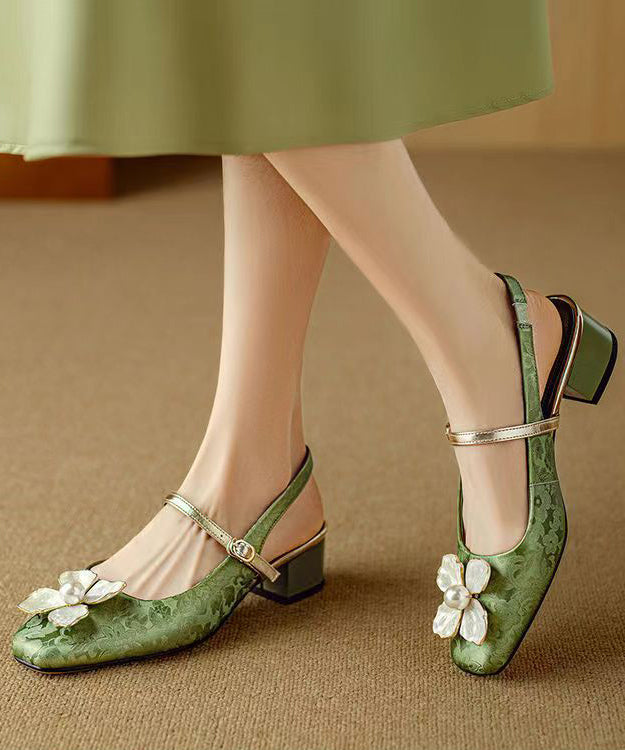 Green Chunky Chinese Style Floral Buckle Strap Splicing Sandals