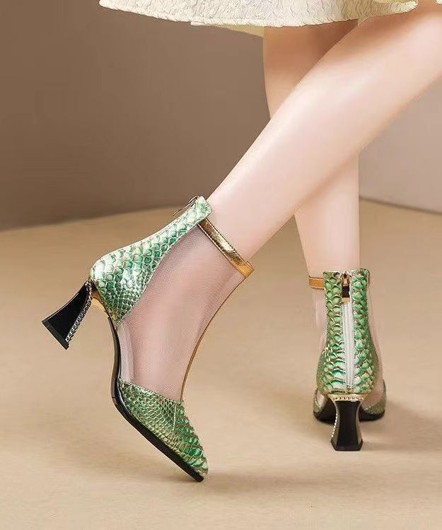 Green Classy Boots Chunky Heel Pointed Toe Tulle Splicing