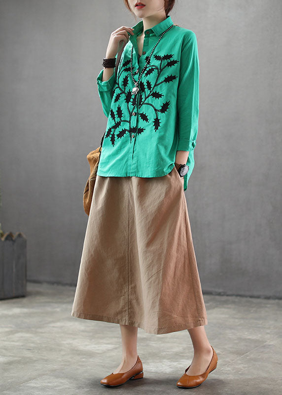 Green Cotton Blouses Turn-down Collar Branch Embroideried Long Sleeve