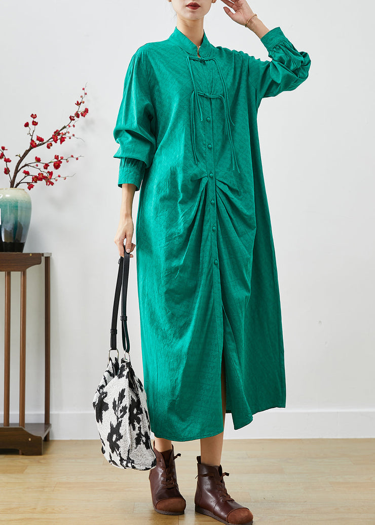 Green Cotton Holiday Dress Mandarin Collar Chinese Button Fall