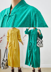 Green Cotton Holiday Dress Mandarin Collar Chinese Button Fall