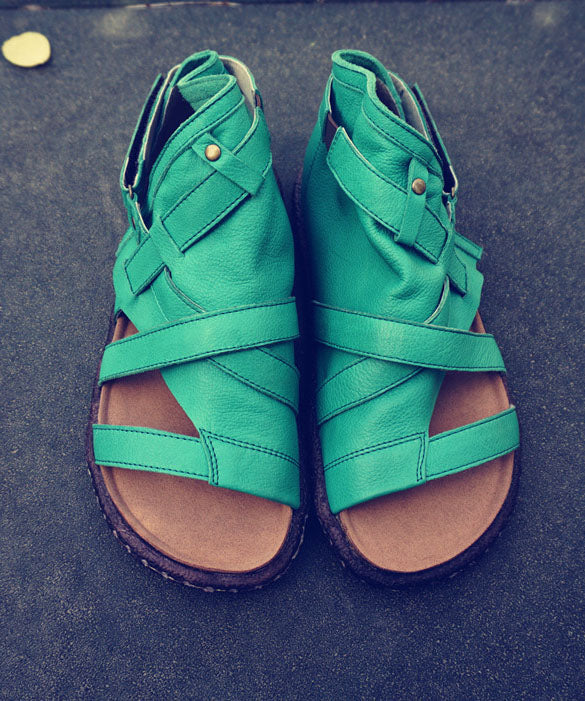 Green Cowhide Leather Retro Splicing Best Flat Sandals Hollow Out