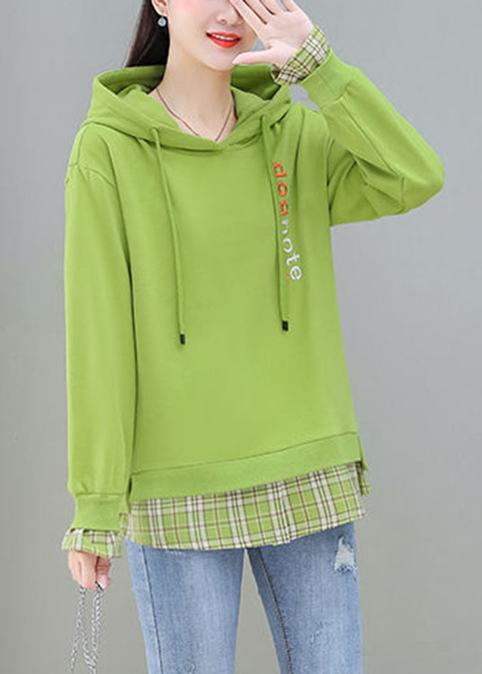 Green Drawstring Fake Two Pieces Hooded Cotton Sweatshirt Long Sleeve