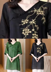 Green Embroidered Cotton Tops V Neck Short Sleeve