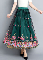 Green Embroideried Floral Elastic Waist Tulle Skirts Summer