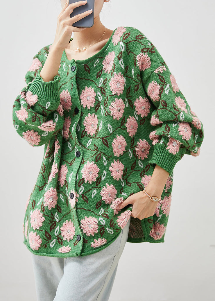 Green Floral Jacquard Cozy Knit Cardigans Oversized Winter