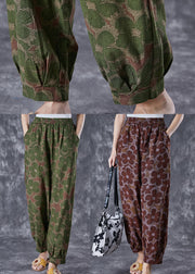 Green Floral Print Linen Pants Oversized Elastic Waist Summer