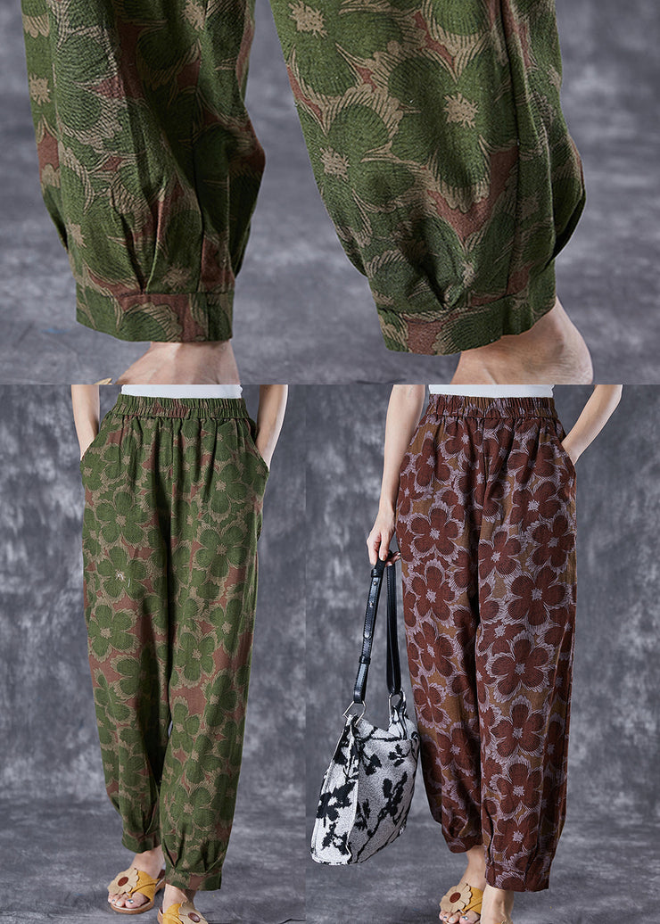 Green Floral Print Linen Pants Oversized Elastic Waist Summer