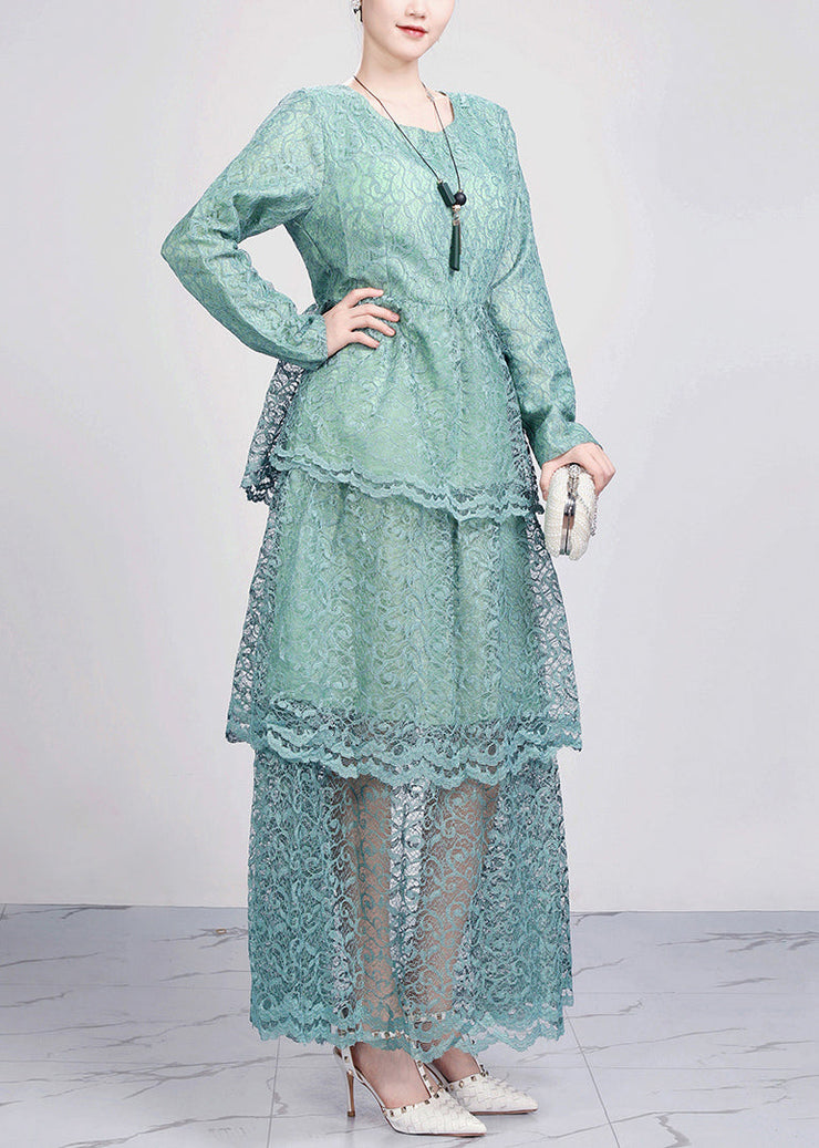 Green Hollow Out Solid Lace Dresses O Neck Fall