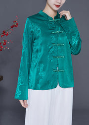 Green Jacquard Silk Shirt Mandarin Collar Chinese Button Spring