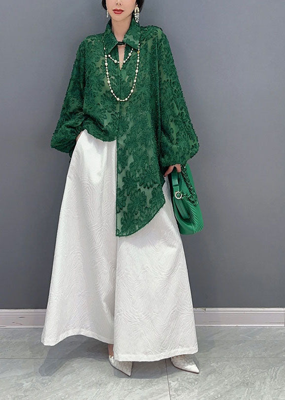 Green Jacquard Tulle Long Shirts Oversized Hollow Out Spring