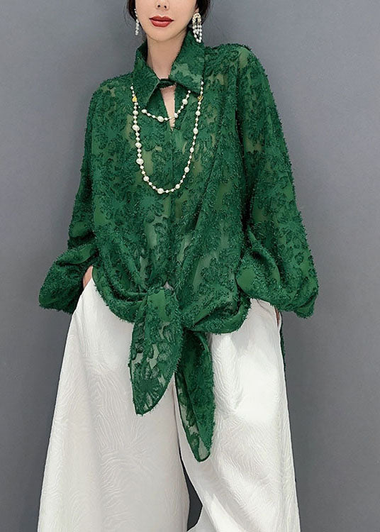 Green Jacquard Tulle Long Shirts Oversized Hollow Out Spring