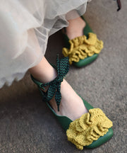 Green Knit Splicing Genuine Leather Cross Strap Flats Shoes