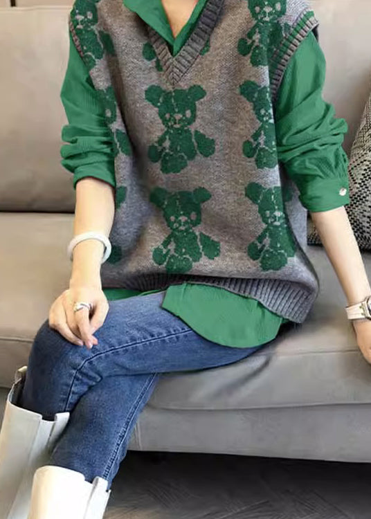 Green Knitted Vest Shirt Casual Age Reducing Two Piece Set Autumn New