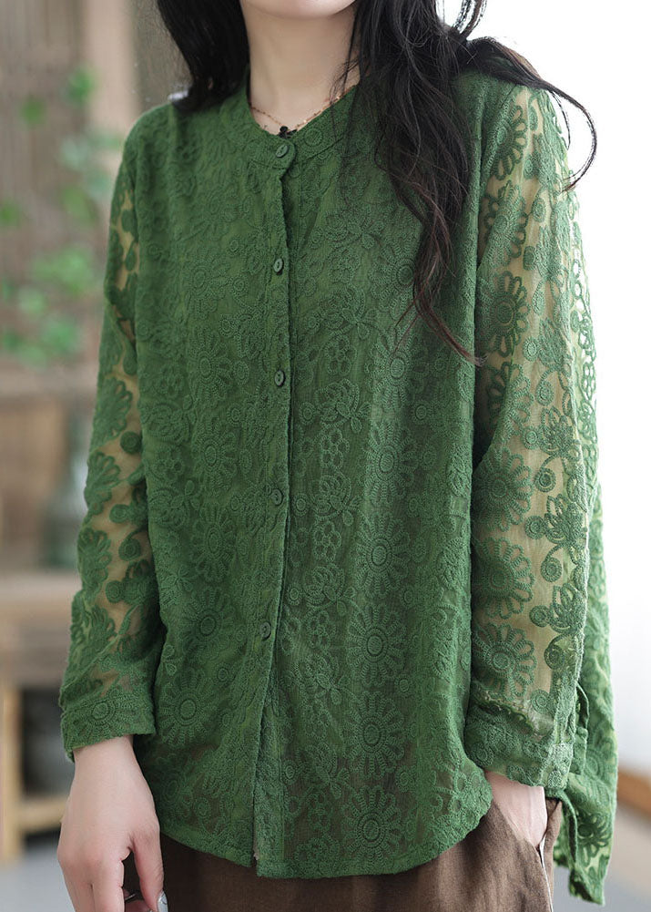 Green Lace Tops Asymmetrical Embroideried O-Neck Spring