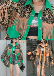 Green Leopard Patchwork Denim Coat Tasseled Button Spring