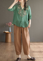 Green Linen Blouses V Neck Embroideried Oversized Half Sleeve