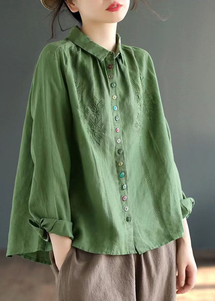 Green Linen Loose Shirts Embroideried Button Fall