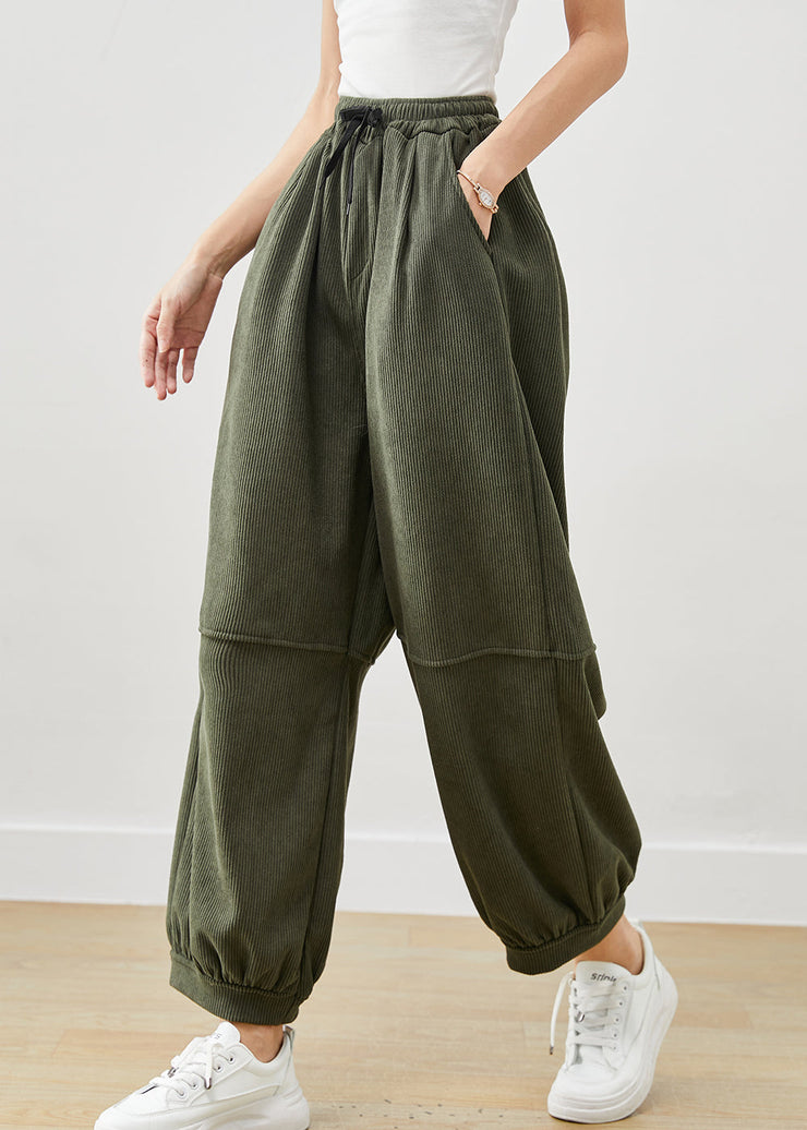 Green Loose Corduroy Harem Pants Elastic Waist Winter