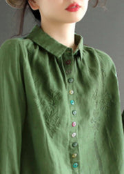 Green Low High Design Button Linen Shirt Long Sleeve