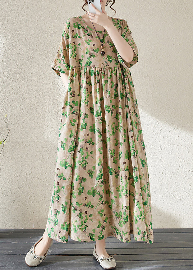 Green O-Neck Print Long Dresses Summer