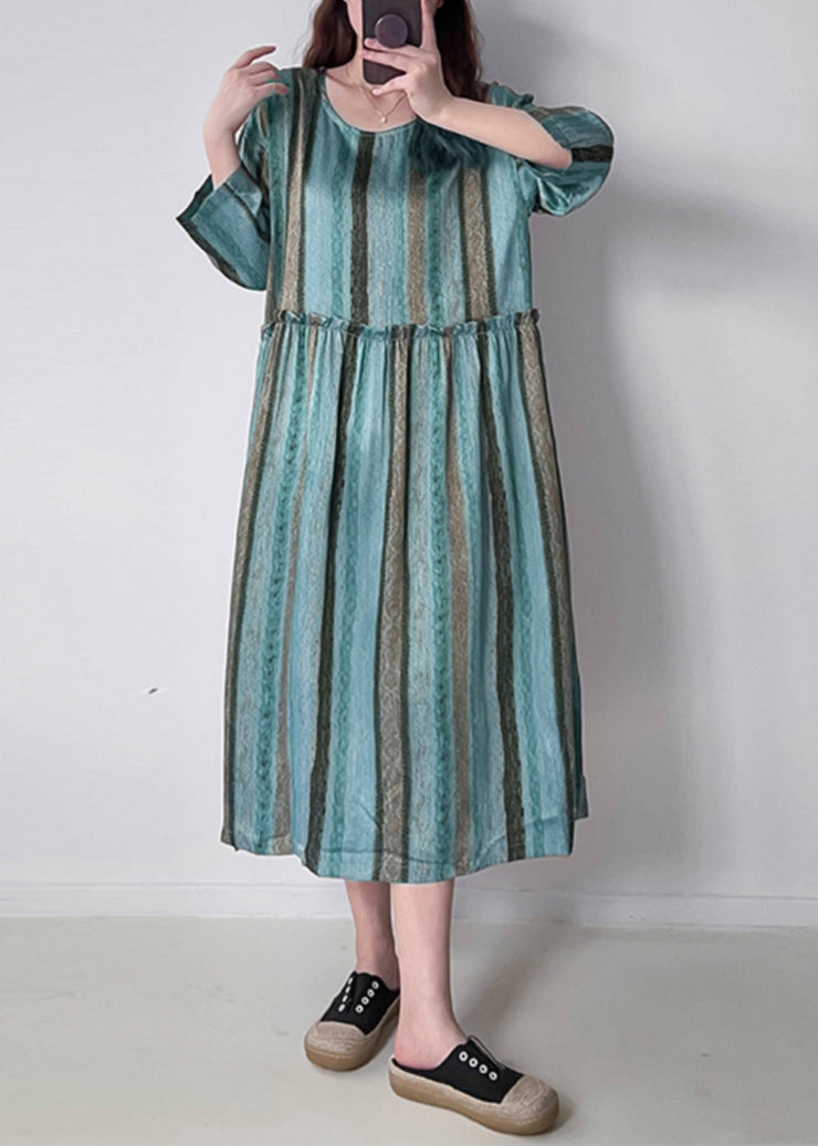 Green O-Neck Ruffled Wrinkled Silk Cotto Maxi Dress Spring