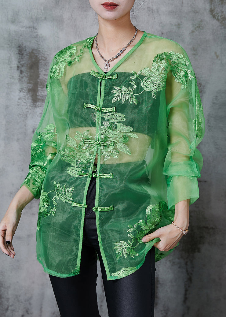 Green Organza Oriental Blouses Embroidered Chinese Button Summer