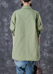 Green Oversized Cotton Shirts Pockets Side Open Fall