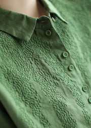 Green Oversized Linen Top Peter Pan Collar Embroideried Spring