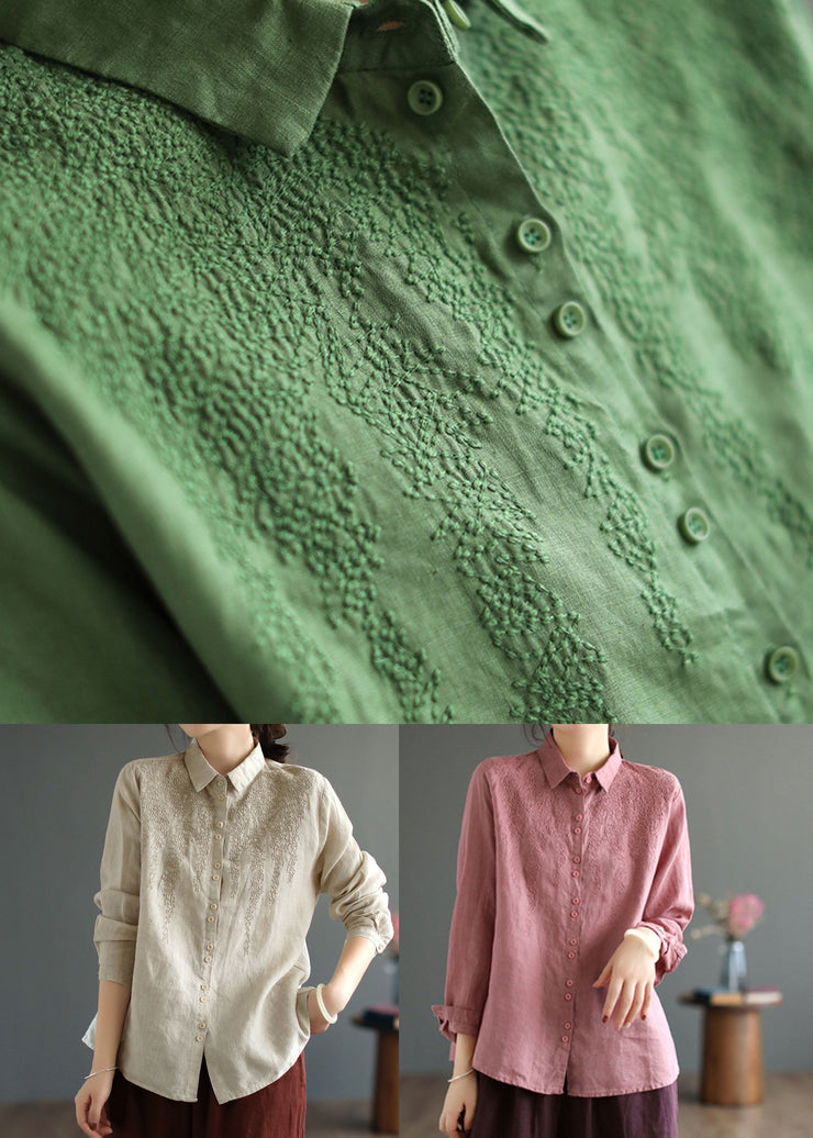 Green Oversized Linen Top Peter Pan Collar Embroideried Spring