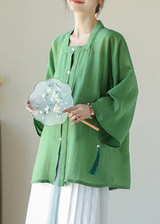 Green Patchwork Button Linen Shirts Long Sleeve