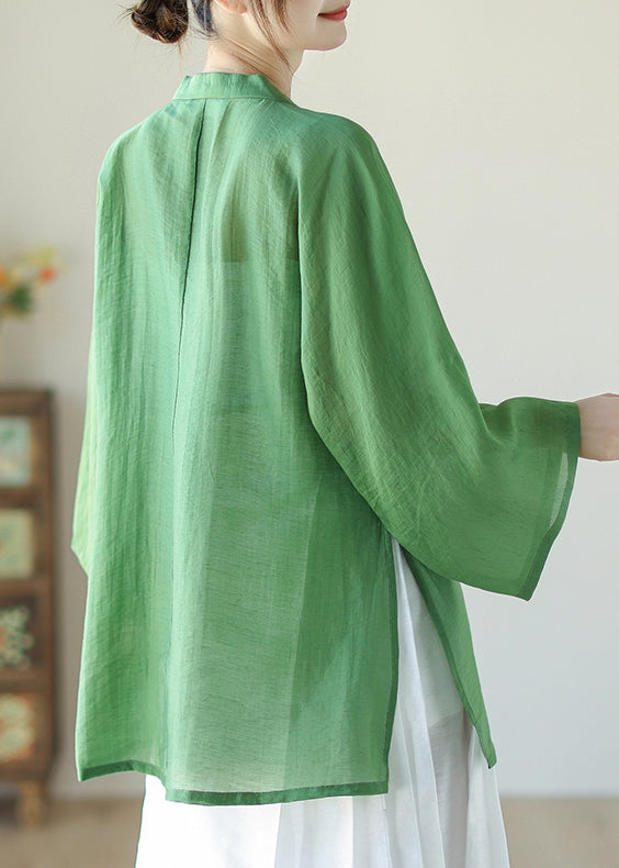 Green Patchwork Button Linen Shirts Long Sleeve