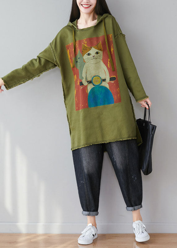 Green Patchwork Cartoon Print Cotton Tops Hooded Spring