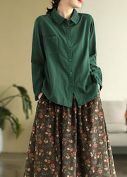 Green Patchwork Cotton Blouse Top Wrinkled Long Sleeve