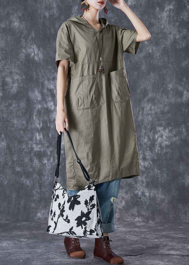 Green Patchwork Cotton Pullover Sweatshirt Dress Hooded Pockets Summer