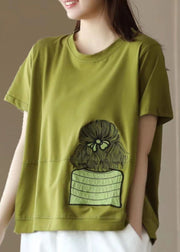 Green Patchwork Cotton T Shirt Top Embroideried Short Sleeve