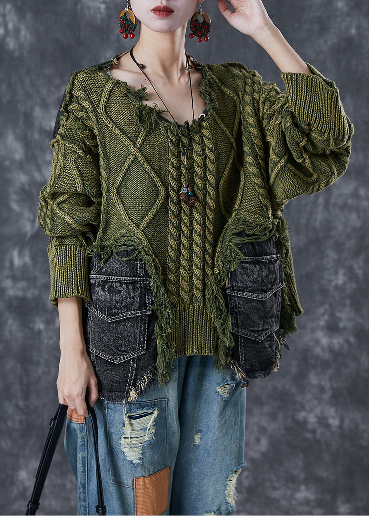 Green Patchwork Denim Knit Ripped Sweaters Asymmetrical Winter