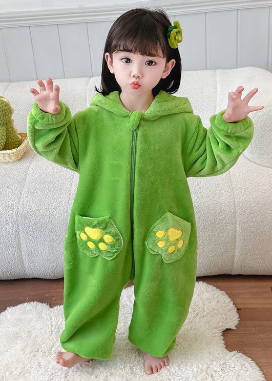 Green Patchwork Fluffy Boys Girls Pajamas Jumpsuit Hooded Long Sleeve