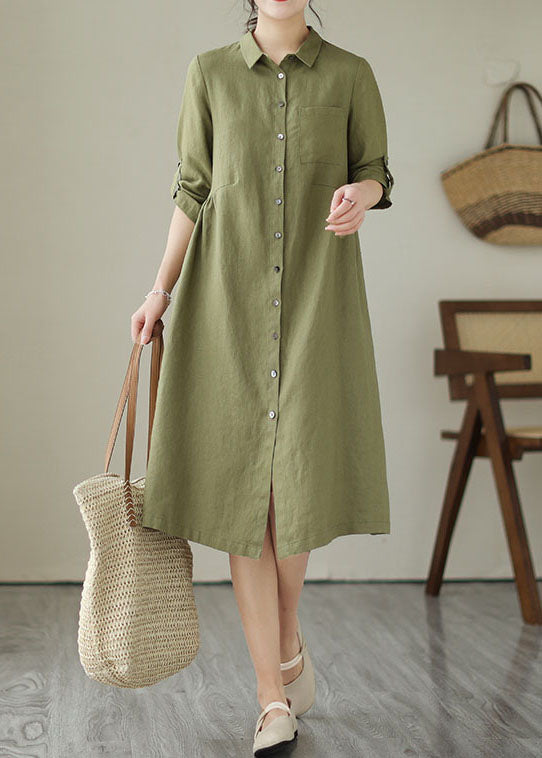 Green Patchwork Linen Dress Peter Pan Collar Wrinkled Summer