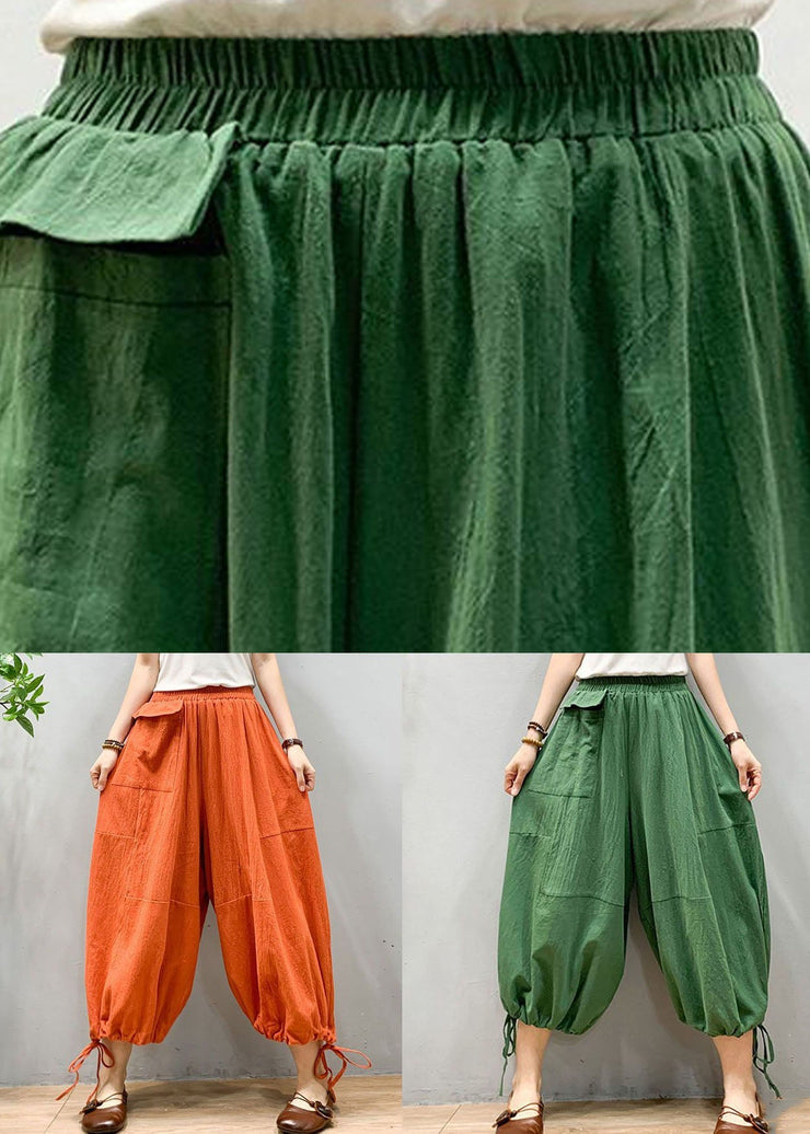 Green Patchwork Linen Lantern Pants Wrinkled Elastic Waist Summer